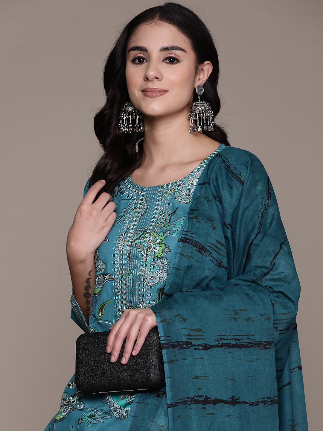 

Readiprint Fashions Women Printed Mirror Work Cotton Kurta with Trousers & With Dupatta, Teal