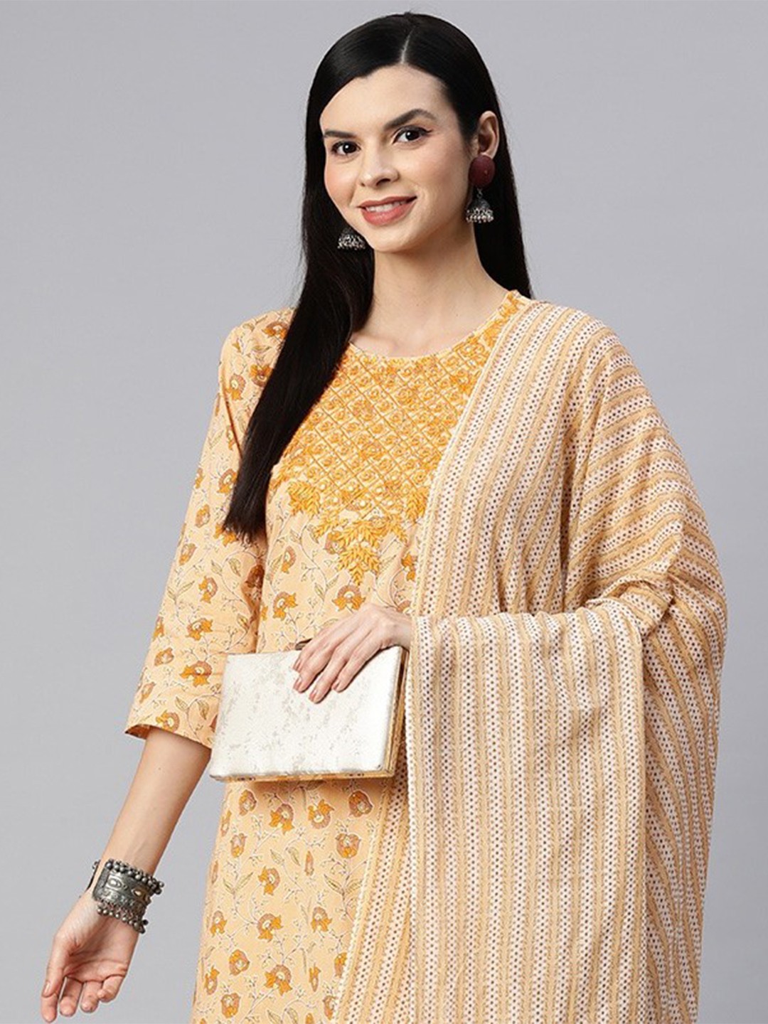 Readiprint Women Floral Printed Mirror Work Cotton Kurta with Palazzos, Peach