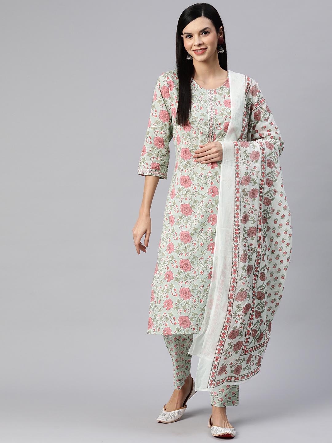 

Readiprint Fashions Women Floral Printed Mirror Work Cotton Kurta with Palazzos & Dupatta, Sea green