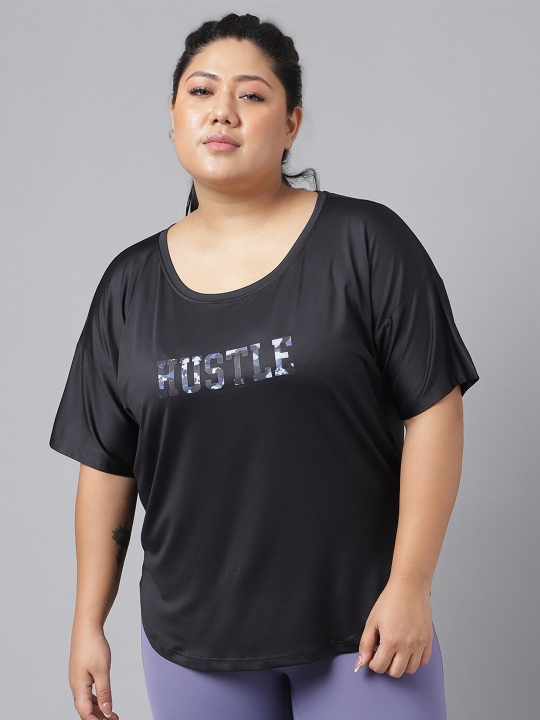 

MKH Plus Size Typography Printed Dri-FIT Relaxed Fit Drop-Shoulder Sleeves Gym T-shirt, Black