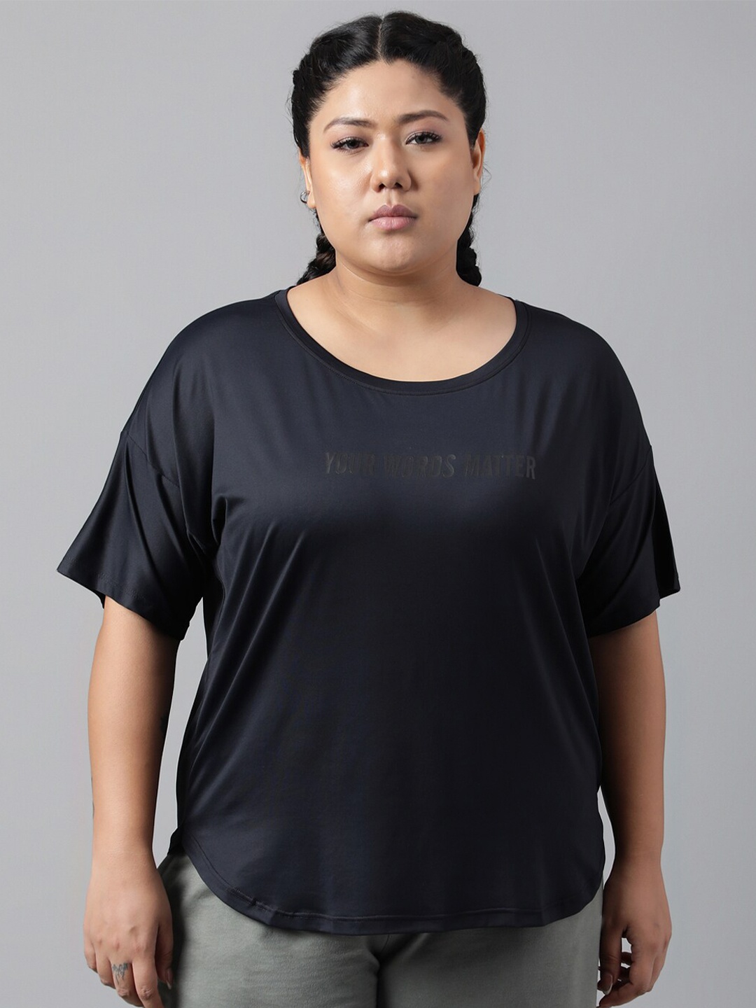 

MKH Plus Size Typography Printed Drop Shoulder Sleeves Dri-FIT Relaxed Fit Sports T-shirt, Black