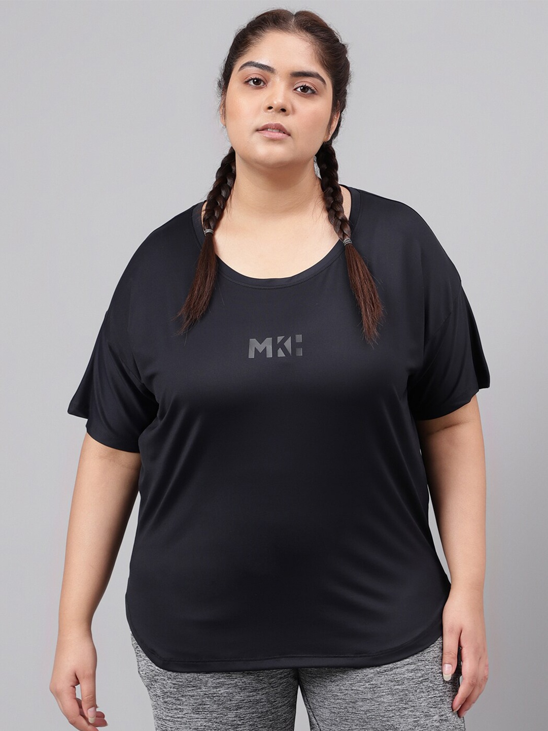 

MKH Plus Size Drop Shoulder Sleeves Relaxed Fit Dri-FIT Sports T-shirt, Black