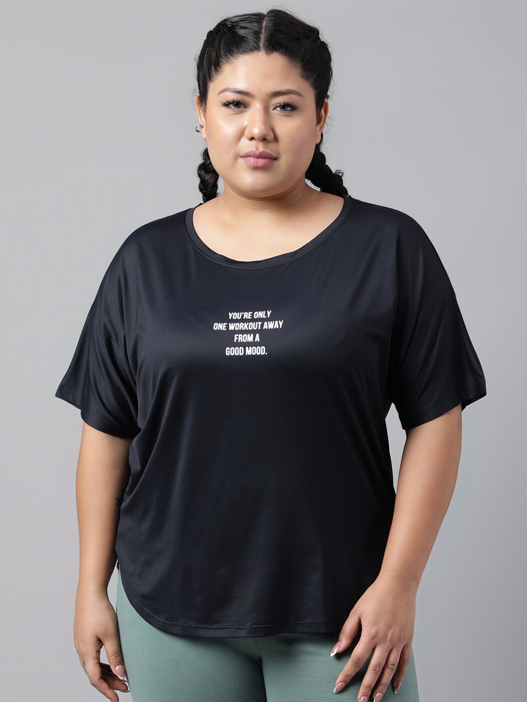 

MKH Plus Size Typography Printed Drop Shoulder Sleeves Dri FIT Relaxed Fit Sports T-shirt, Black