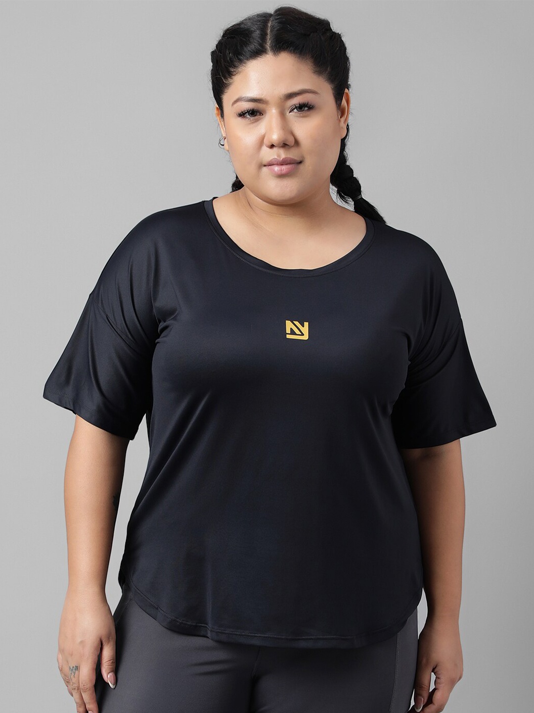 

MKH Plus Size Relaxed Fit Drop Shoulder Sleeves Dri-Fit Sports T-shirt, Black