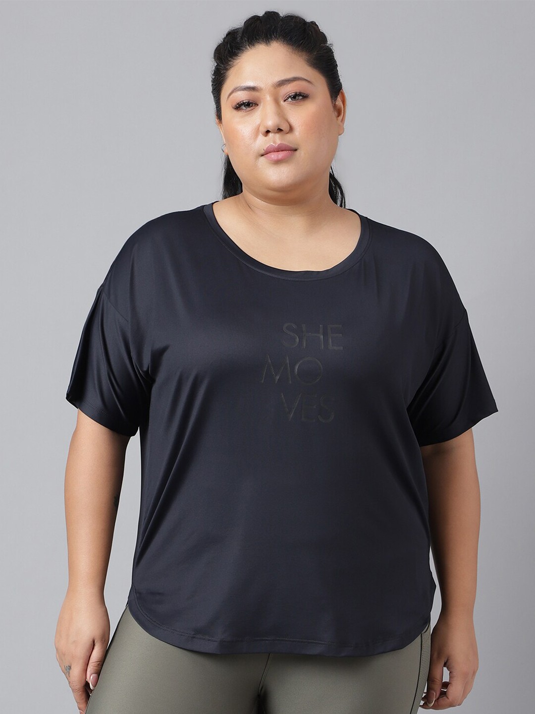 

MKH Plus Size Typography Printed Relaxed Fit Dri-FIT T-shirt, Navy blue