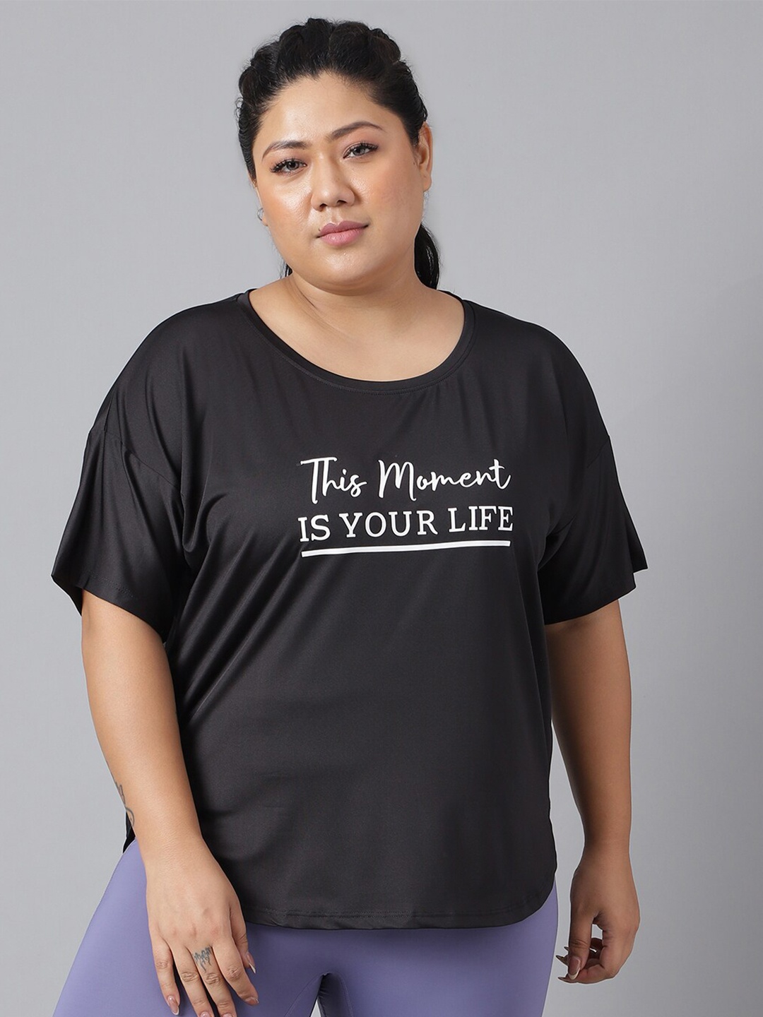 

MKH Plus Size Dri-FIT Typography Printed Round Neck Relaxed Fit T-Shirt, Black