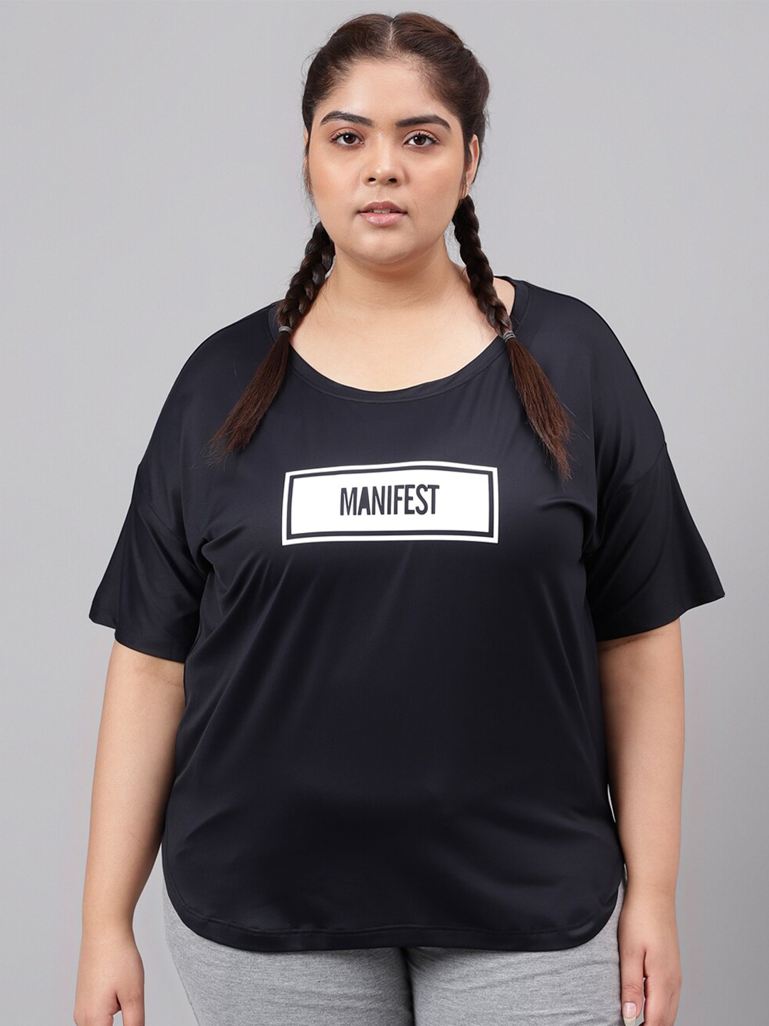 

MKH Plus Size Typography Printed Drop Shoulder Sleeves Dri-FIT Relaxed Fit Sports T-shirt, Black