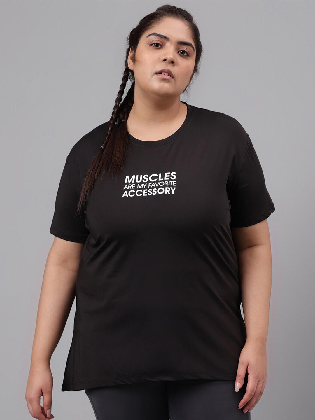MKH Plus Size Typography Printed Relaxed Fit Dri-FIT T-shirt, Black