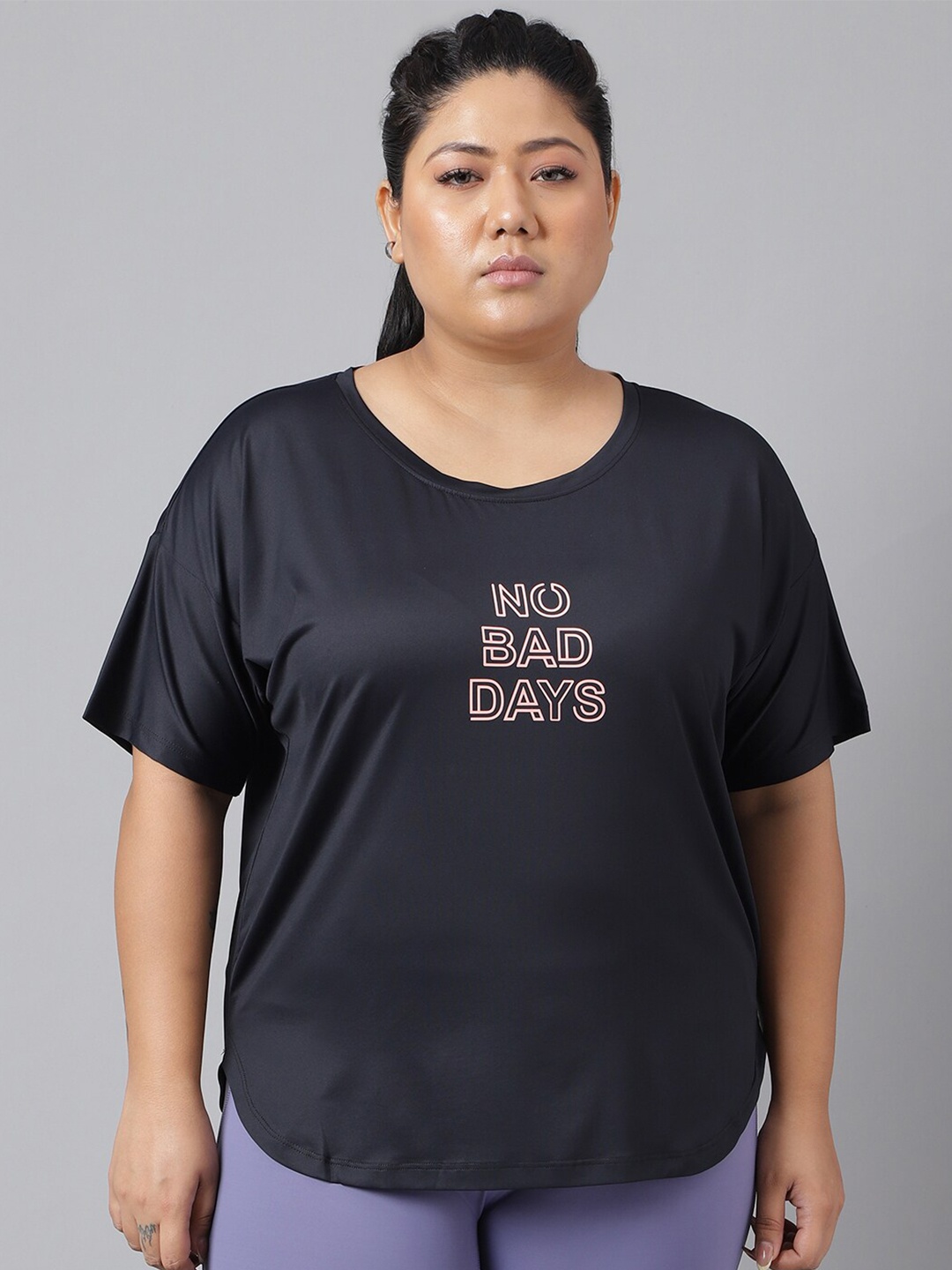 MKH Plus Size Typography Printed Relaxed Fit Dri FIT T-shirt, Black