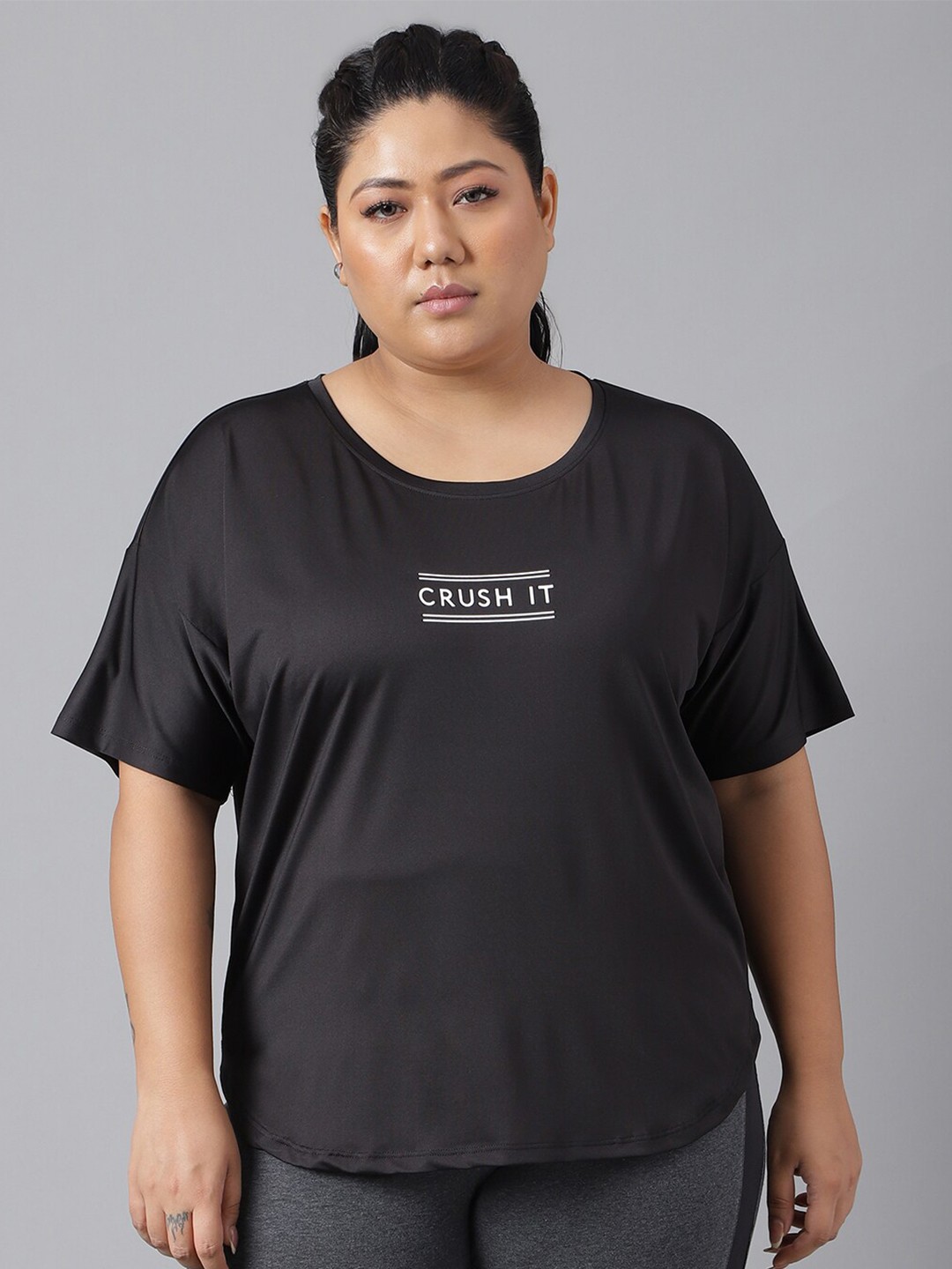 

MKH Plus Size Typography Printed Drop Shoulder Sleeves Relaxed Fit Dri-FIT Sports T-Shirt, Black