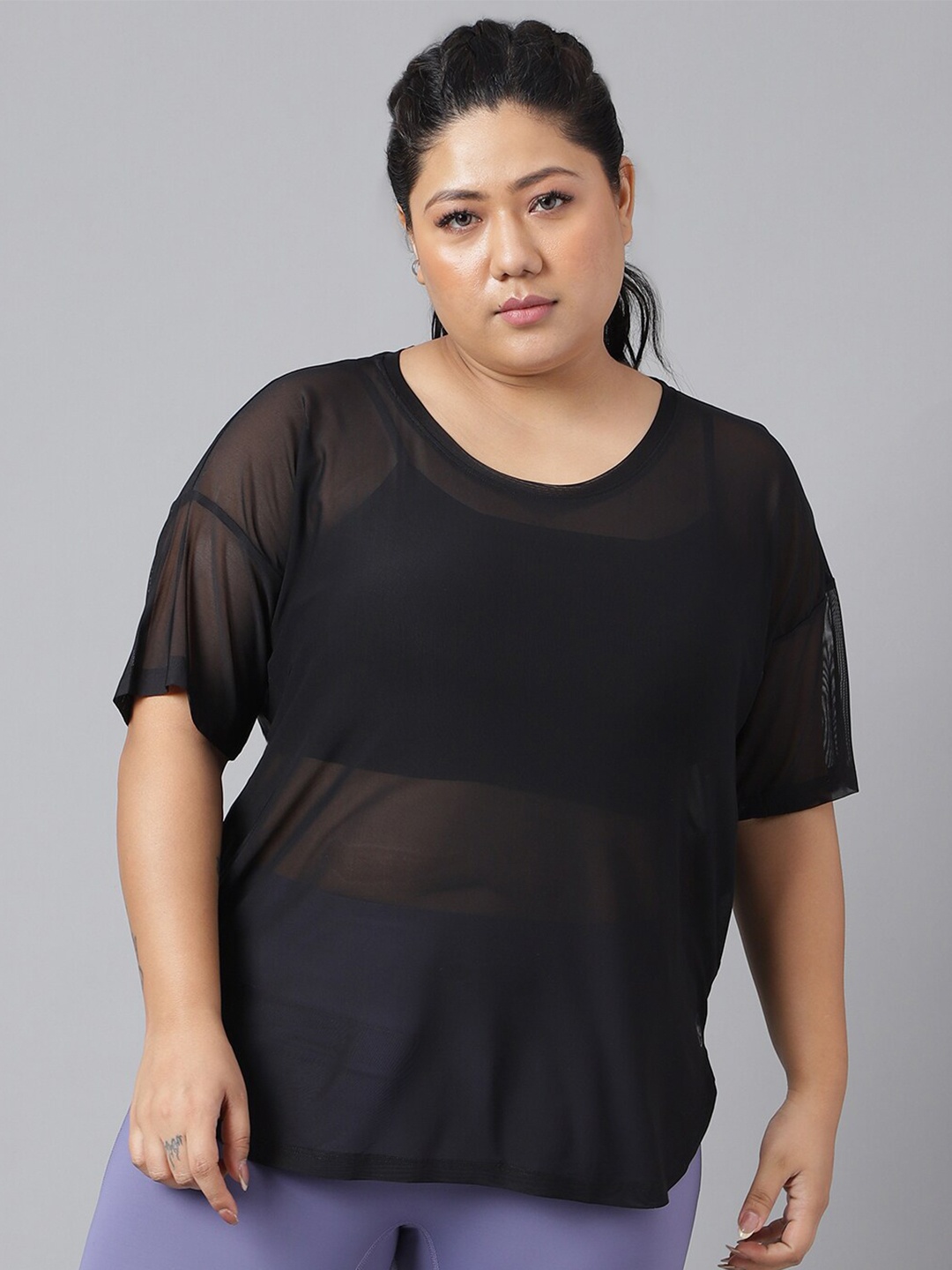 

MKH Plus Size Drop Shoulder Sleeves Relaxed Fit Dri-FIT Sports T-shirt, Black