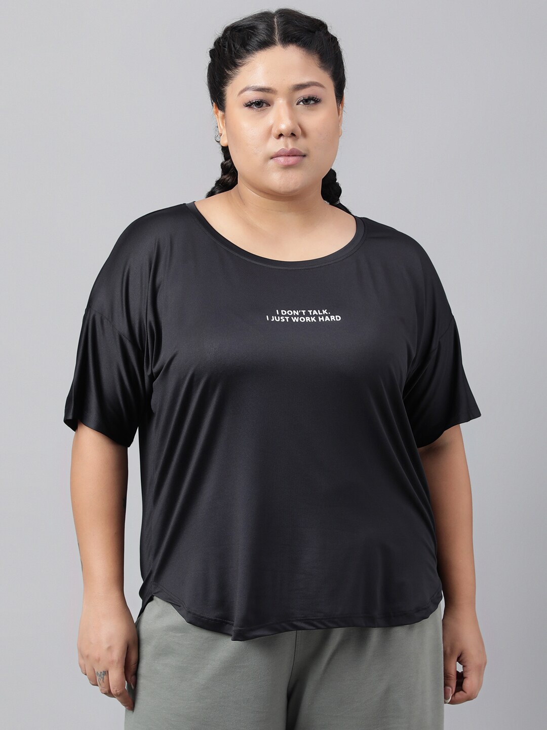 

MKH Plus Size Typography Printed Drop Shoulder Sleeves Dri-FIT Relaxed Fit Sports T-shirt, Black