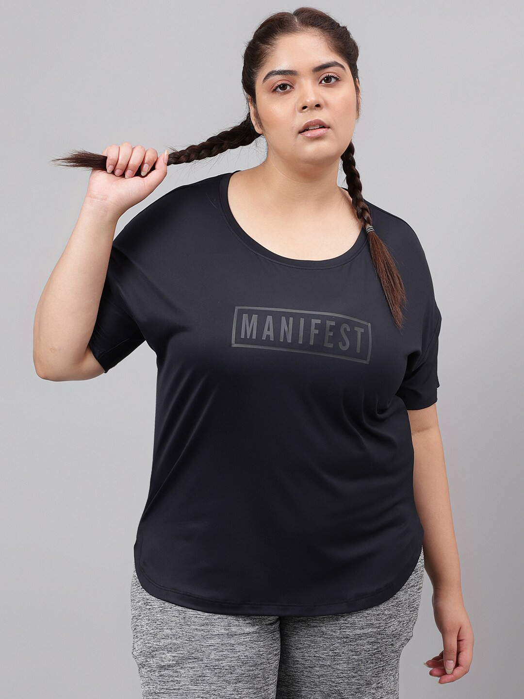 

MKH Plus Size Typography Printed Drop Shoulder Sleeves Dri FIT Relaxed Fit Sports T-shirt, Black