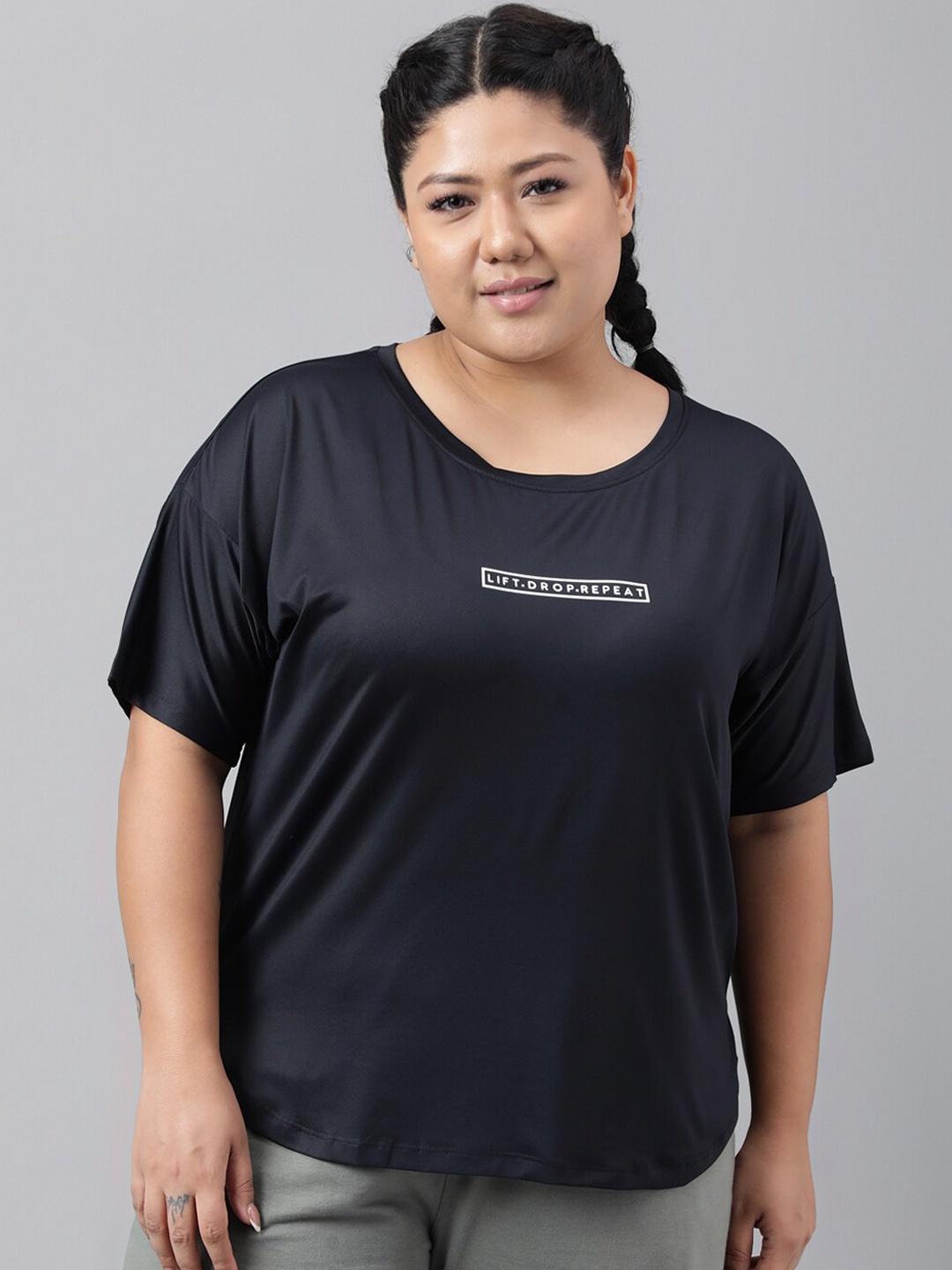 

MKH Plus Size Typography Printed Dri-FIT Sports T-Shirt, Black