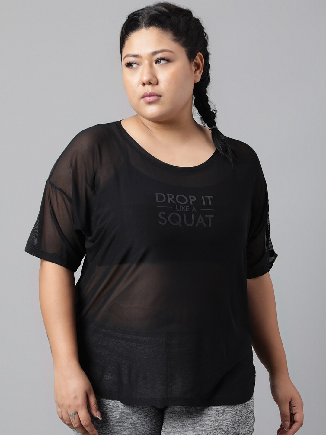 

MKH Plus Size Typography Printed Drop Shoulder Sleeves Relaxed Fit Dri-FIT Sports T-Shirt, Black