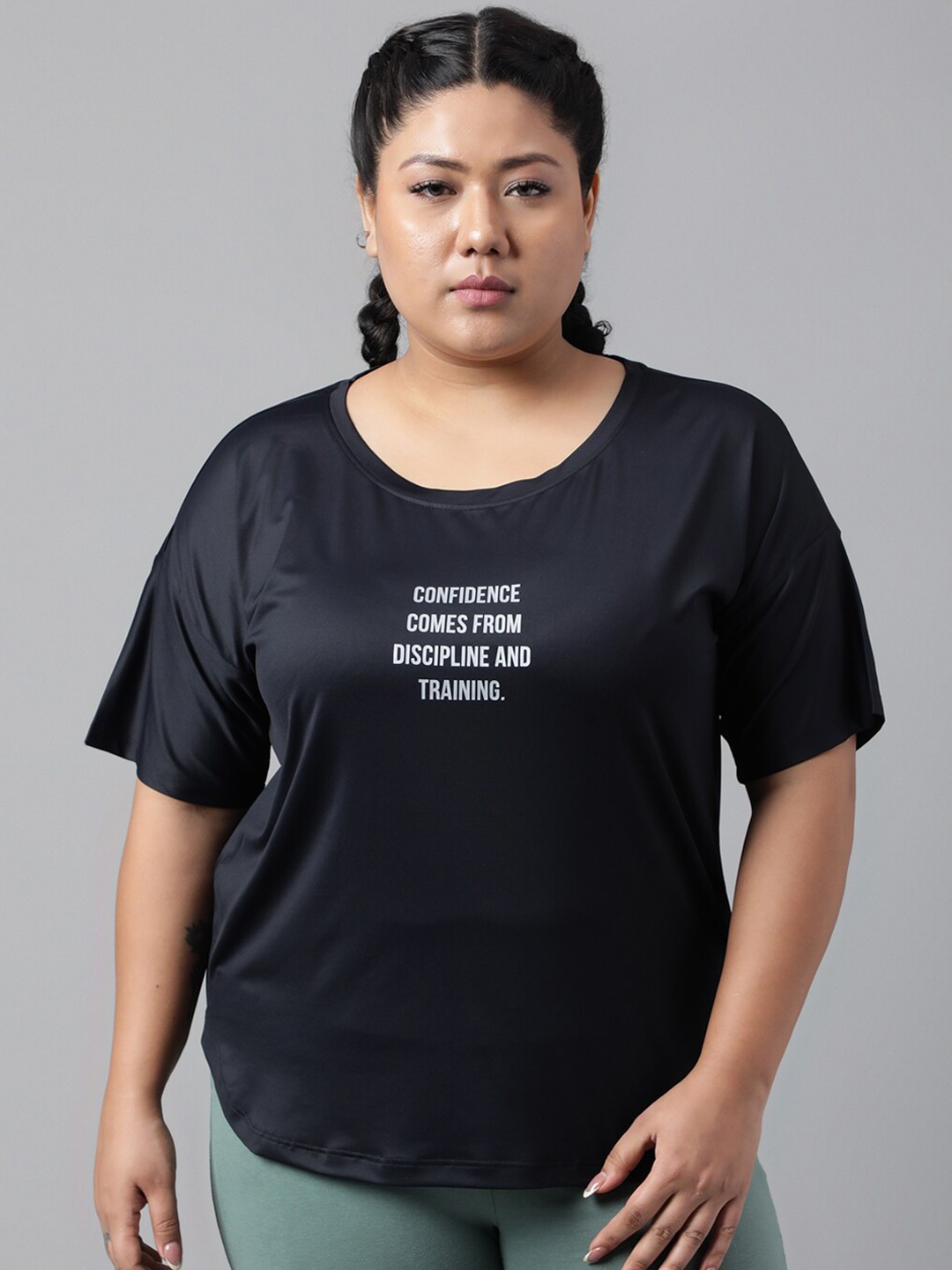 

MKH Plus Size Typography Printed Drop Shoulder Sleeves Dri-FIT Relaxed Fit Sports T-shirt, Black