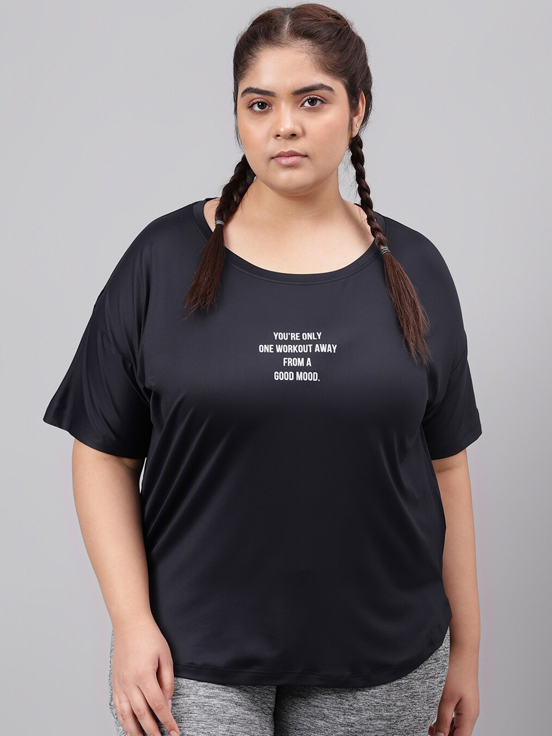 

MKH Plus Size Typography Printed Drop-Shoulder Sleeves Relaxed Fit Dri-FIT T-shirt, Black