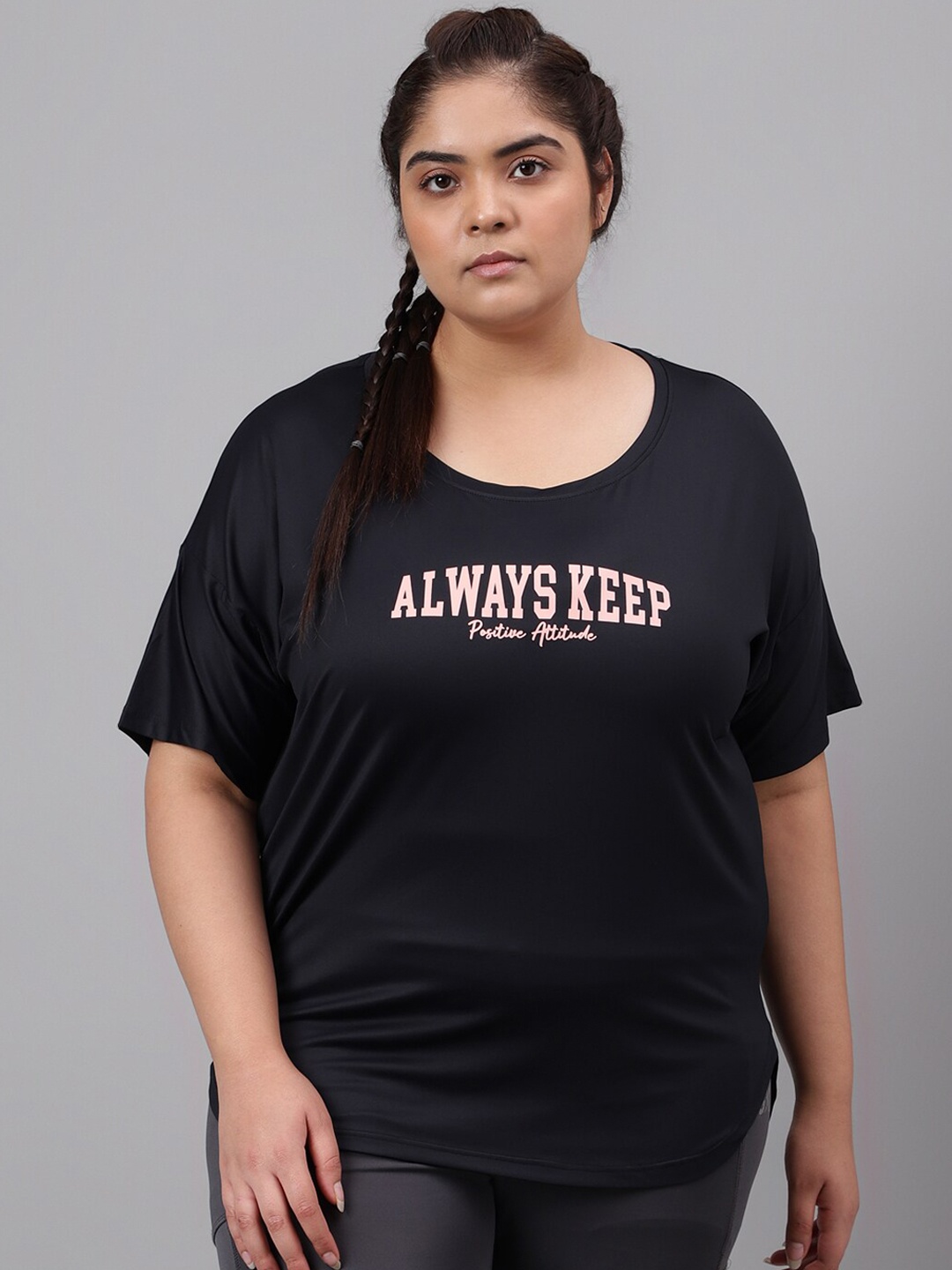 MKH Plus Size Typography Printed Relaxed Fit Dri FIT T-shirt, Black