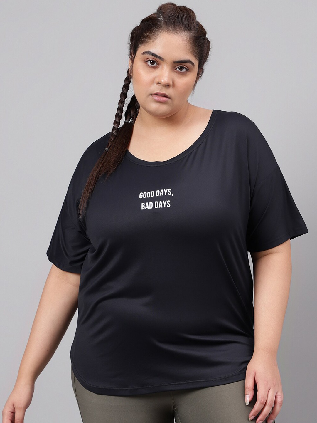 

MKH Plus Size Typography Printed Drop Shoulder Sleeves Dri-FIT Relaxed Fit Sports T-shirt, Black