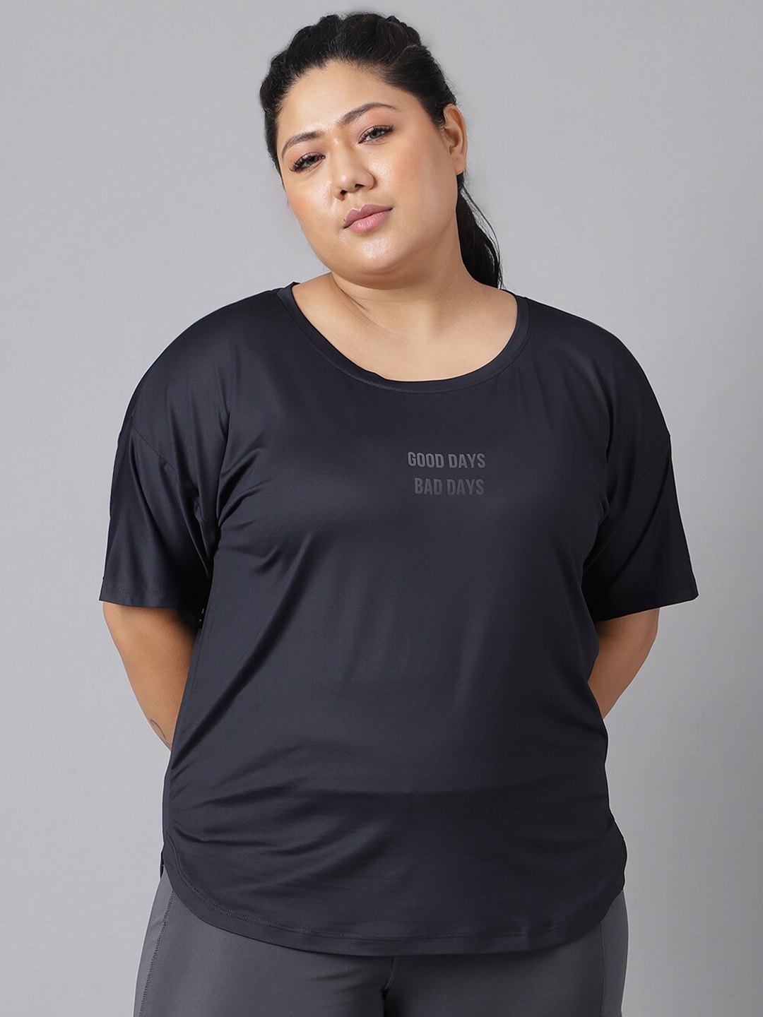 

MKH Plus Size Typography Printed Dri-FIT Sports T-Shirt, Black