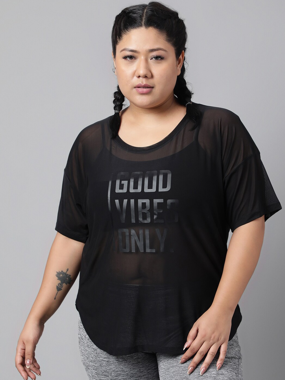 

MKH Plus Size Typography Printed Drop-Shoulder Sleeves Dri-FIT Relaxed Fit Sports T-shirt, Black