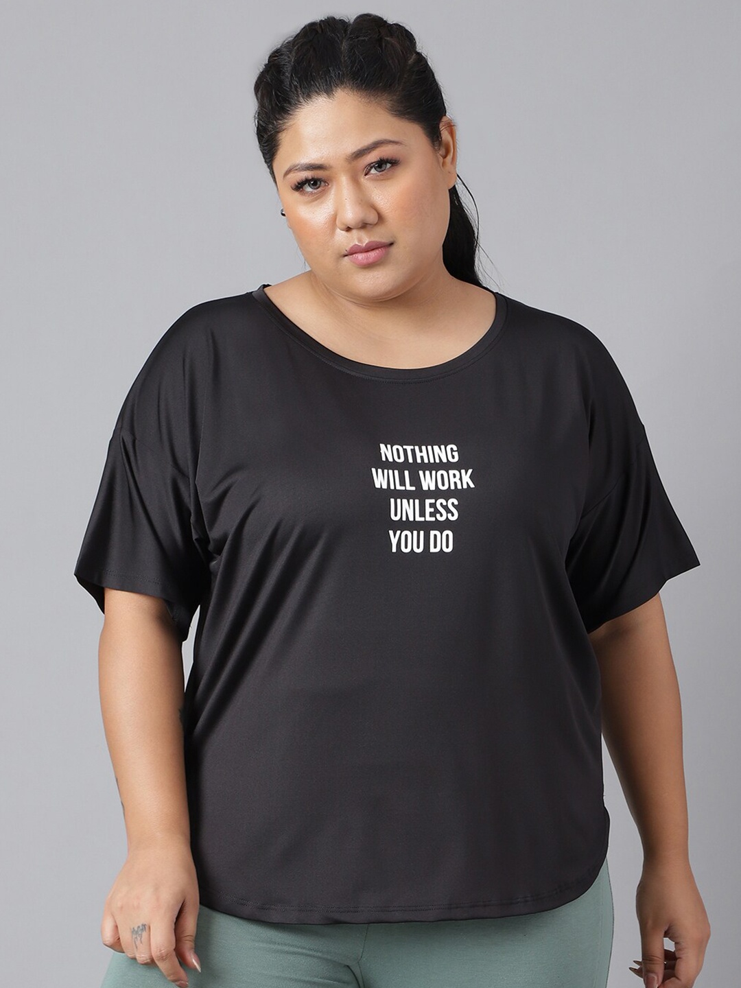 

MKH Plus Size Dri-FIT Typography Printed Round Neck Relaxed Fit T-Shirt, Black
