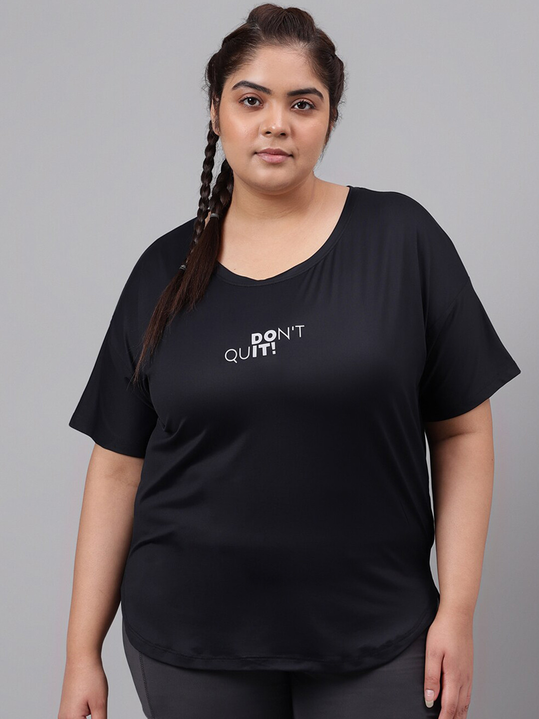 

MKH Plus Size Typography Printed Drop-Shoulder Sleeves Dri-FIT Relaxed Fit Sports T-shirt, Black