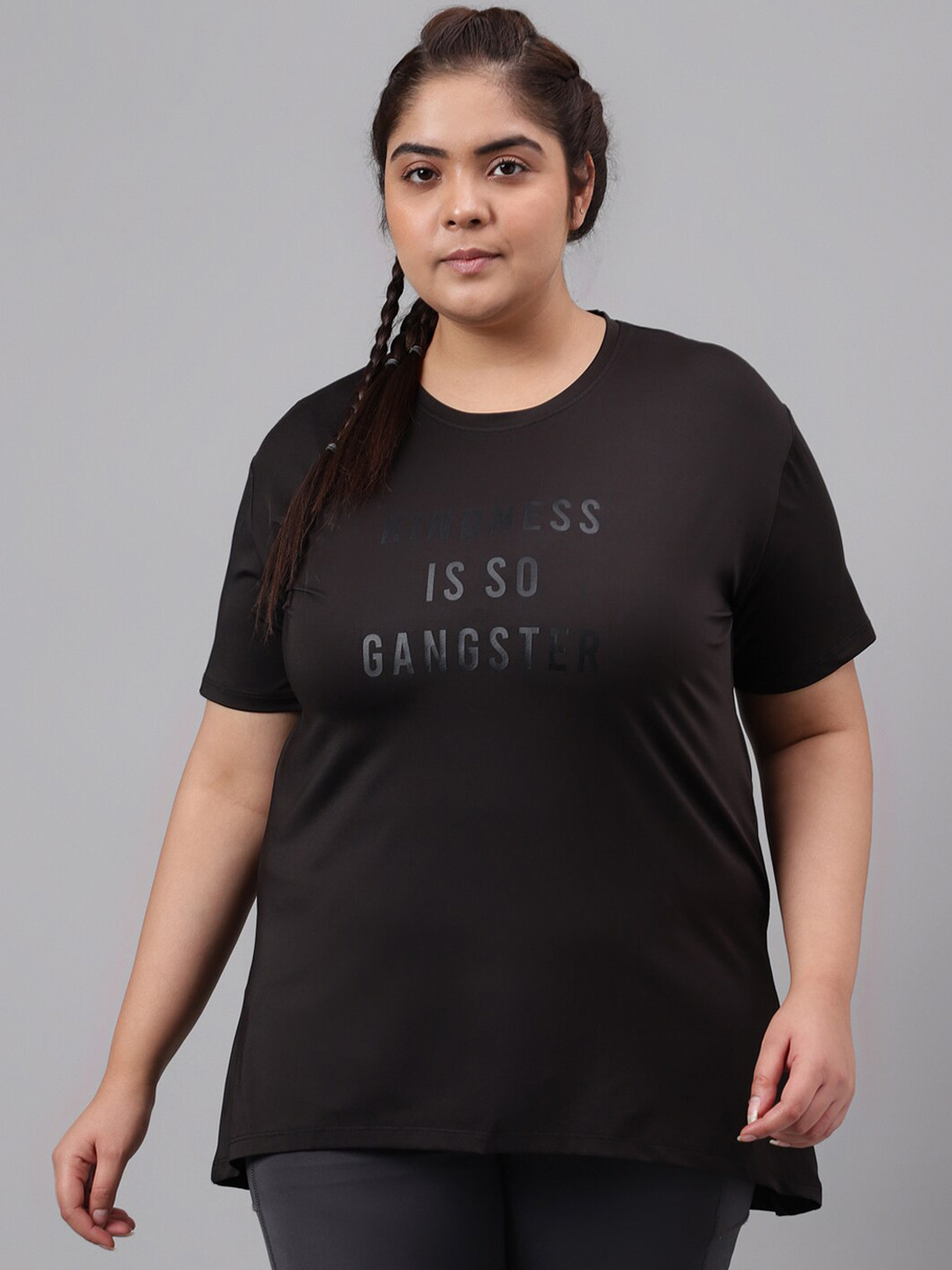 

MKH Plus Size Typography Printed Drop Shoulder Sleeves Dri FIT Relaxed Fit Sports T-shirt, Black