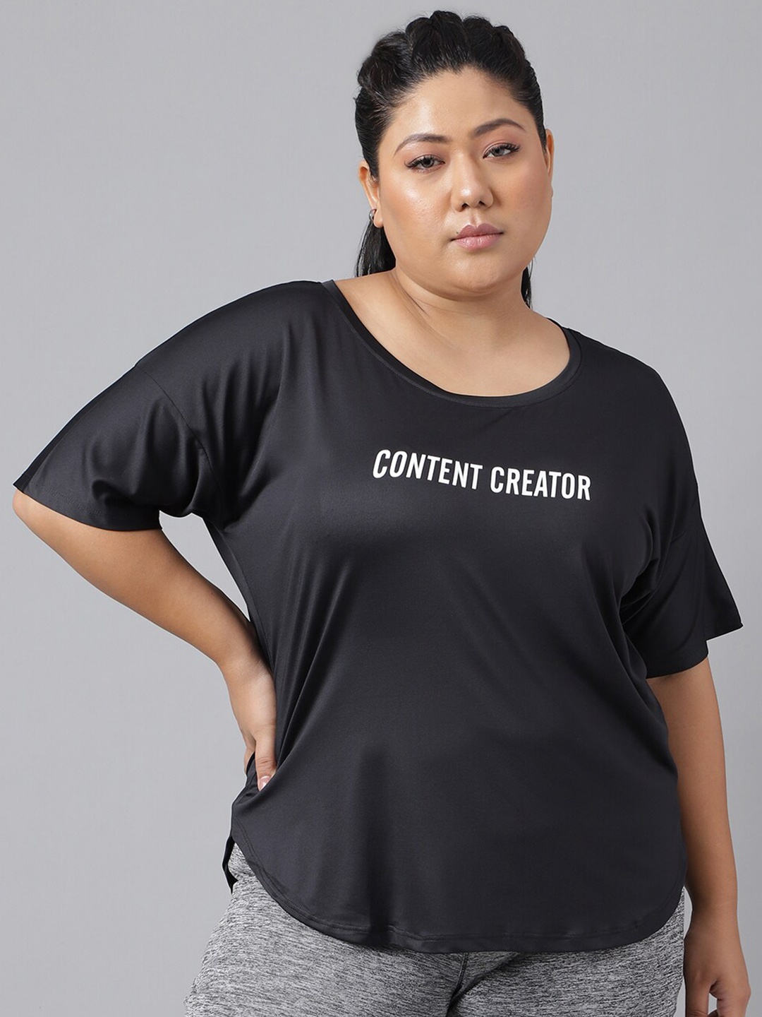 

MKH Plus Size Typography Printed Dri-FIT Sports T-Shirt, Black