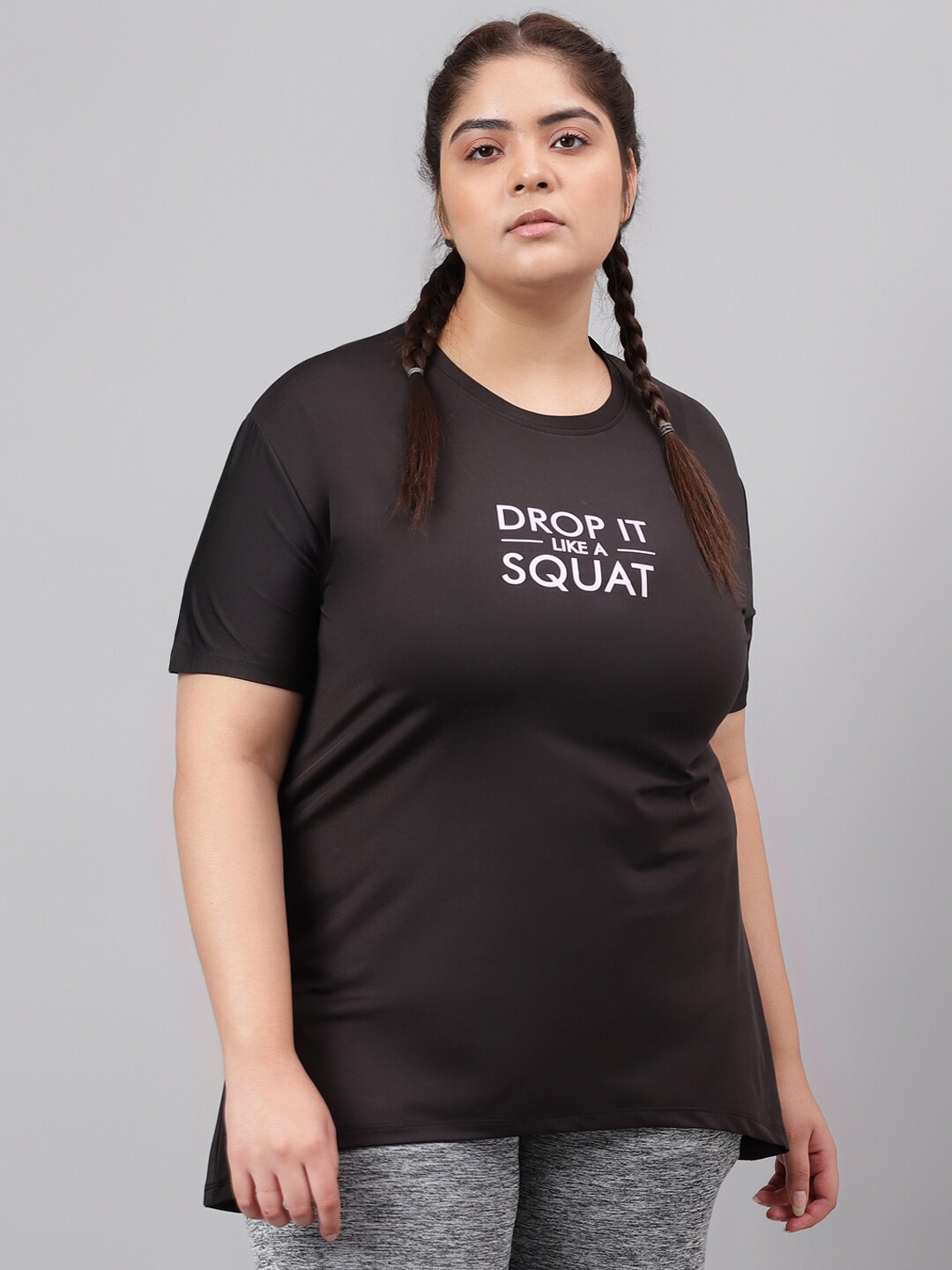 

MKH Plus Size Typography Printed Drop-Shoulder Sleeves Relaxed Fit Dri-FIT T-shirt, Black