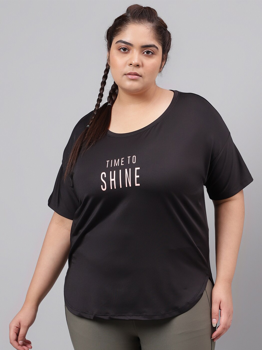 

MKH Plus Size Typography Printed Drop-Shoulder Sleeves Dri-FIT Relaxed Fit Sports T-shirt, Black