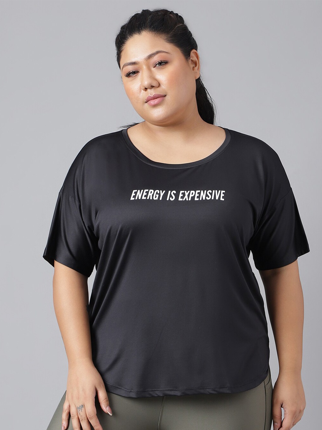 MKH Plus Size Typography Printed Drop Shoulder Sleeves Relaxed Fit Dri-FIT Sports T-Shirt, Black
