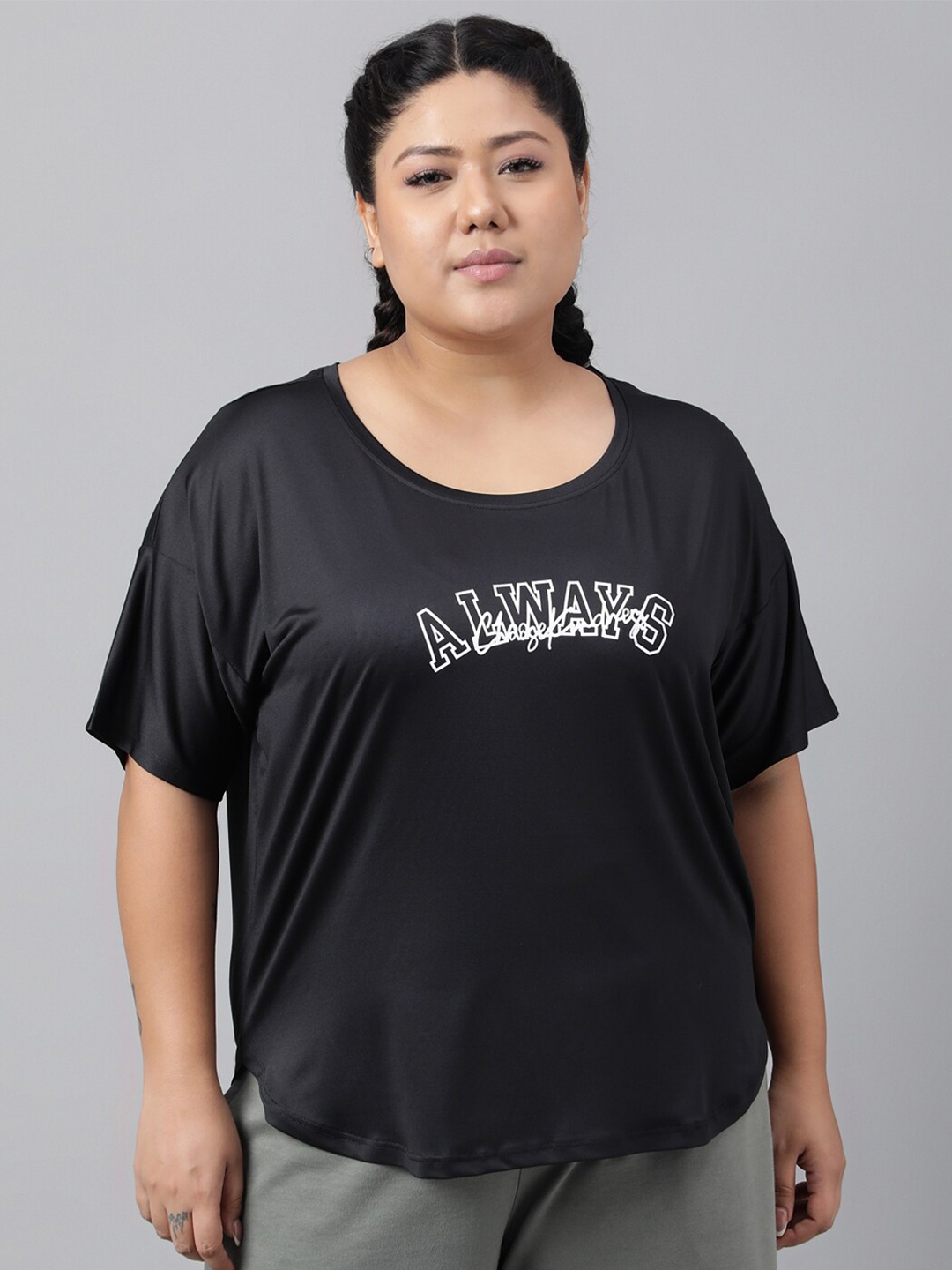 

MKH Women Plus Size Typography Printed Drop shoulder Sleeves Dri-FIT Relaxed Fit T-shirt, Black