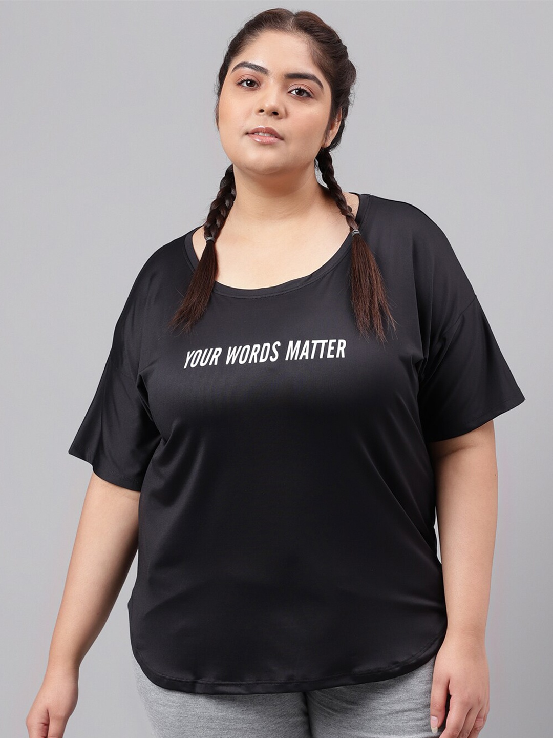 

MKH Plus Size Typography Printed Dri-FIT Sports T-Shirt, Black