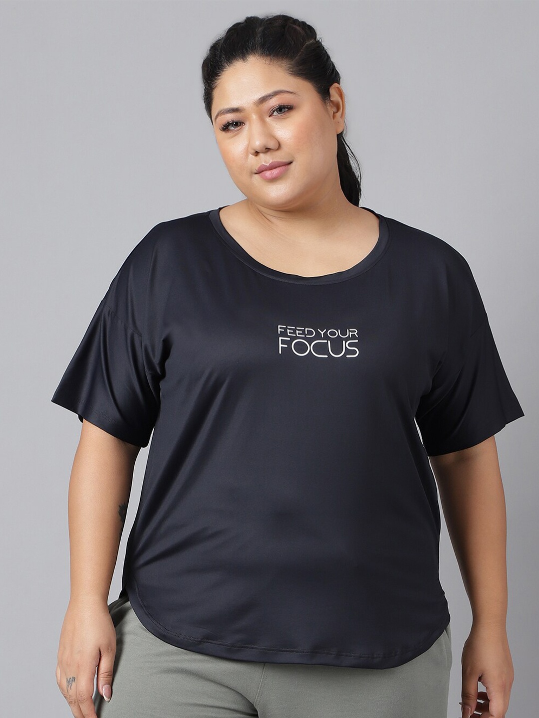 

MKH Plus Size Typography Printed Drop-Shoulder Sleeves Relaxed Dri-Fit T-shirt, Black