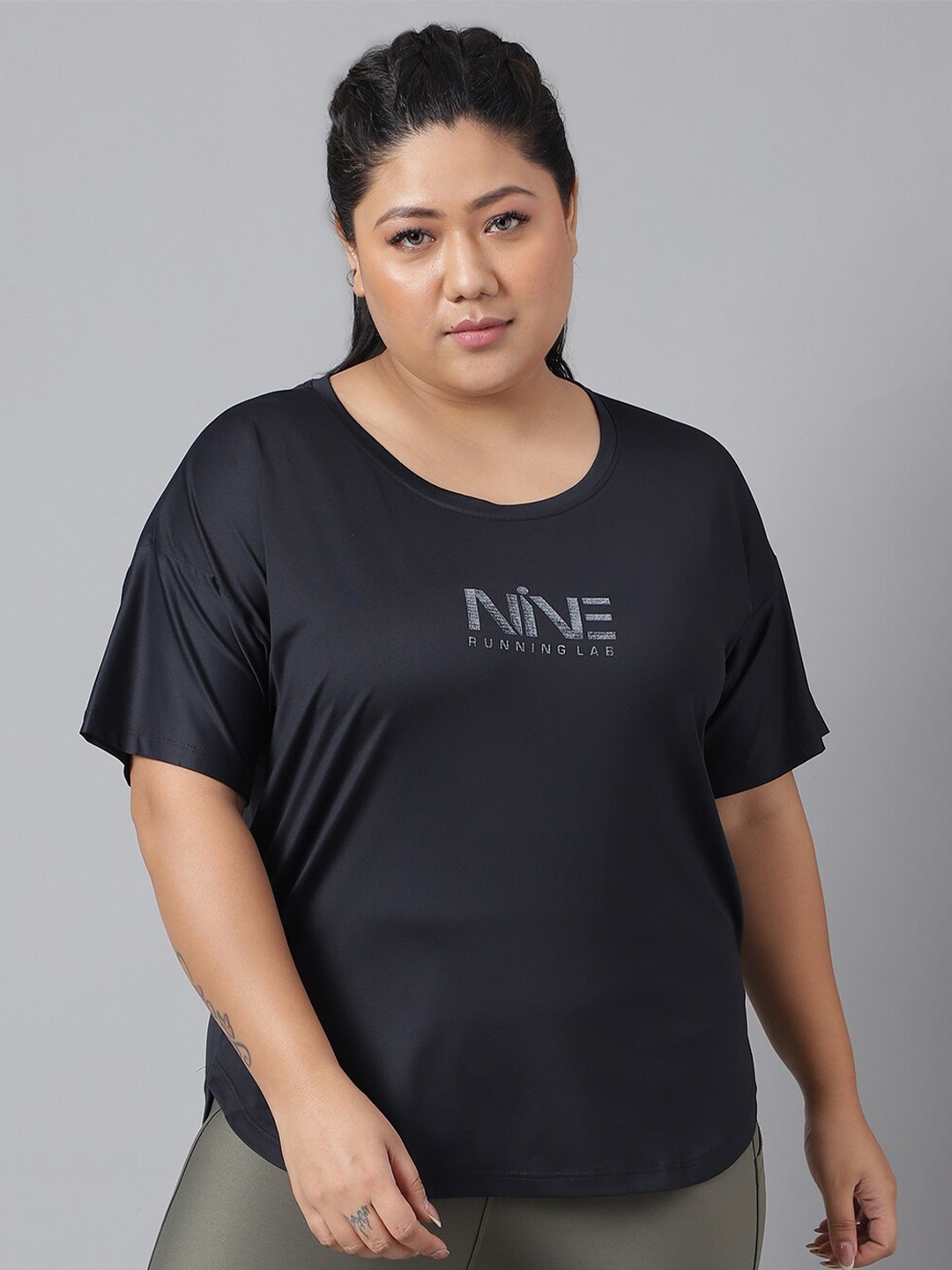 

MKH Plus Size Typography Printed Drop-Shoulder Sleeves Dri-FIT Relaxed Fit Sports T-shirt, Black