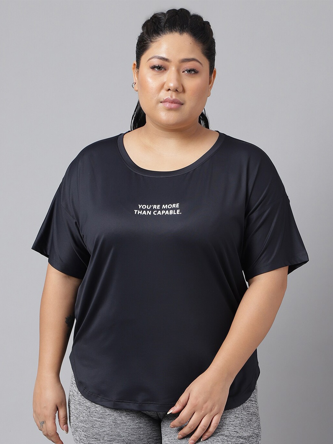 

MKH Plus Size Typography Printed Drop Shoulder Sleeves Dri FIT Relaxed Fit Sports T-shirt, Black