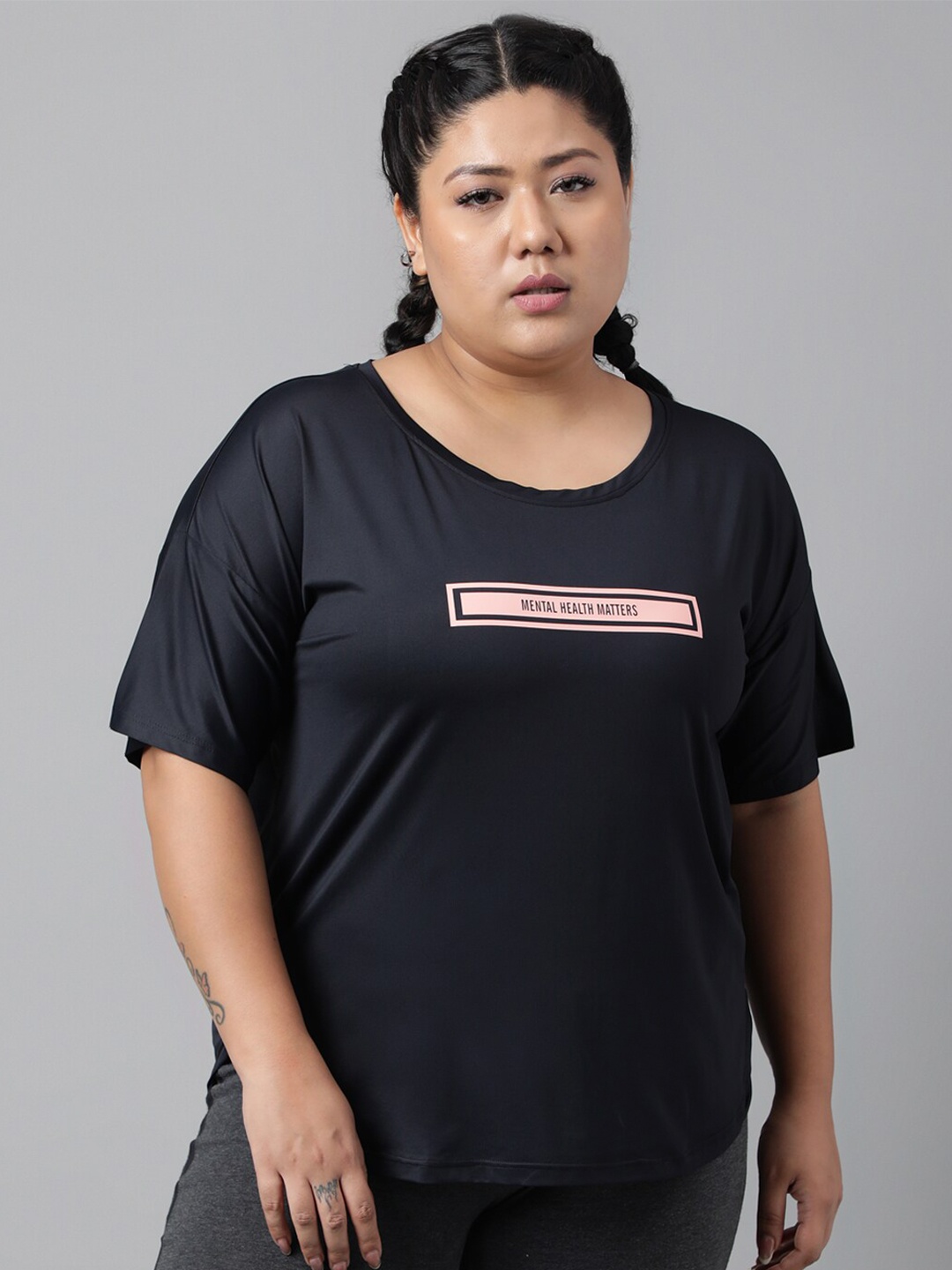 

MKH Plus Size Relaxed Fit Typography Printed Dri-FIT Technology Sports T-shirt, Black