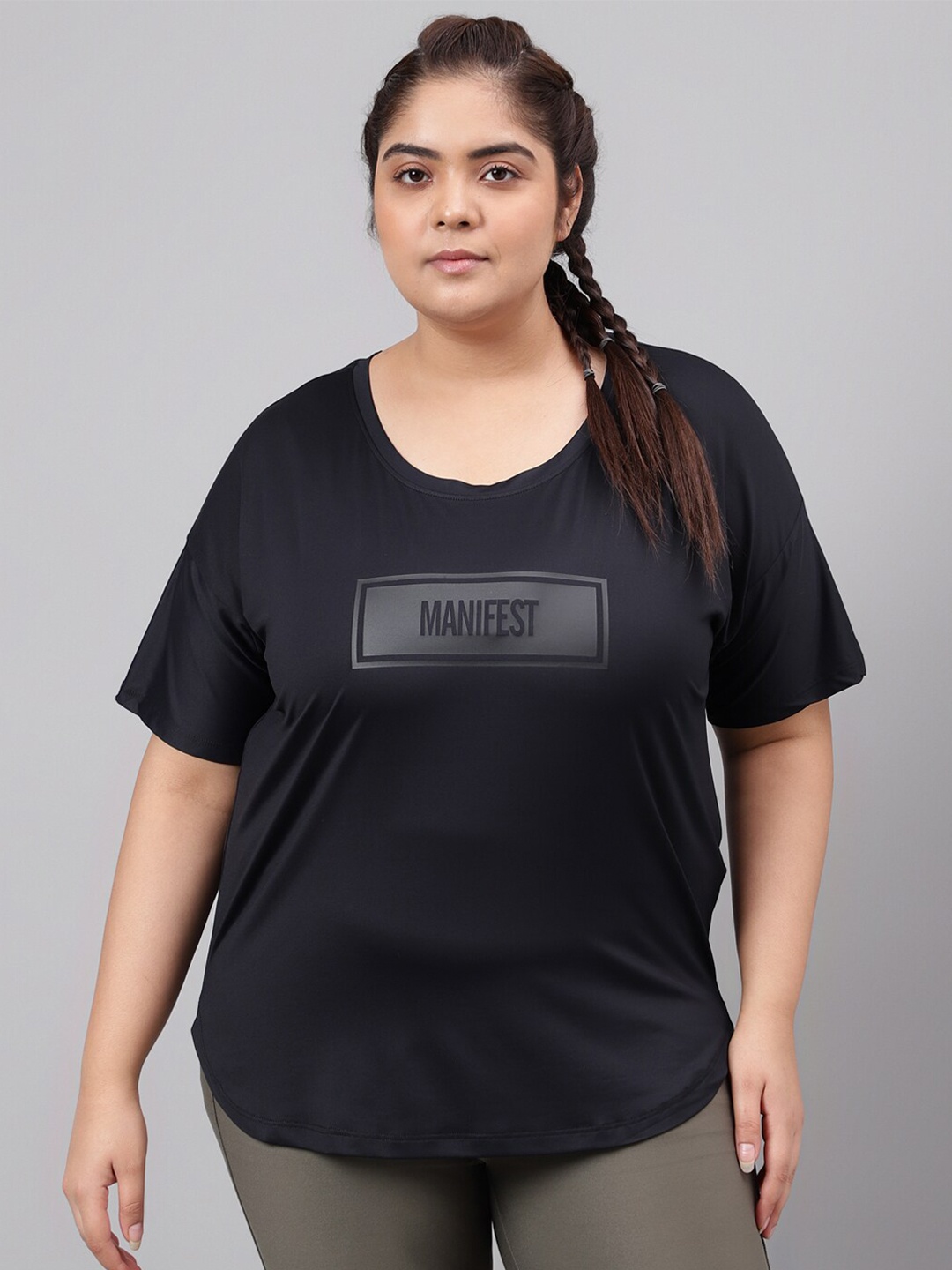 MKH Plus Size Typography Printed Relaxed Fit Dri-FIT Sports T-shirt, Black