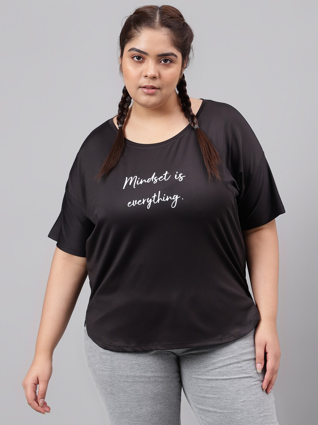 

MKH Plus Size Typography Printed Dri-FIT Relaxed Fit Drop-Shoulder Sleeves Gym T-shirt, Black