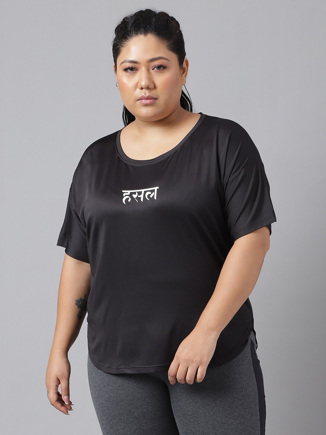 

MKH Women Plus Size Typography Printed Drop shoulder Sleeves Dri-FIT Relaxed Fit T-shirt, Black