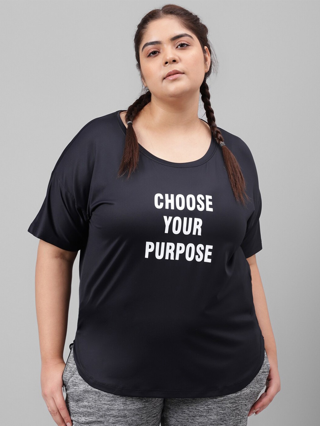 

MKH Plus Size Typography Printed Drop Shoulder Sleeves Dri FIT Relaxed Fit Sports T-shirt, Black