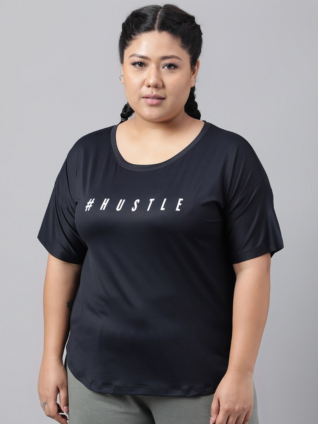 

MKH Plus Size Typography Printed Relaxed Fit Dri-FIT Sports T-shirt, Black