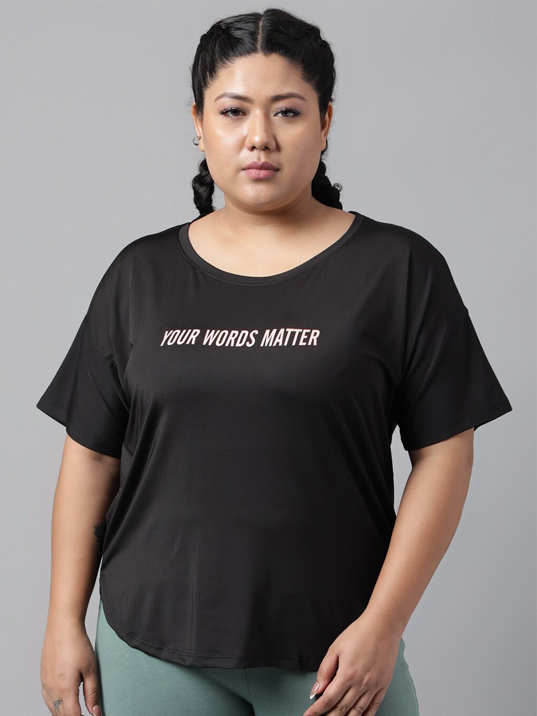 

MKH Plus Size Typography Printed Drop-Shoulder Sleeves Relaxed Fit Dri-FIT T-shirt, Black