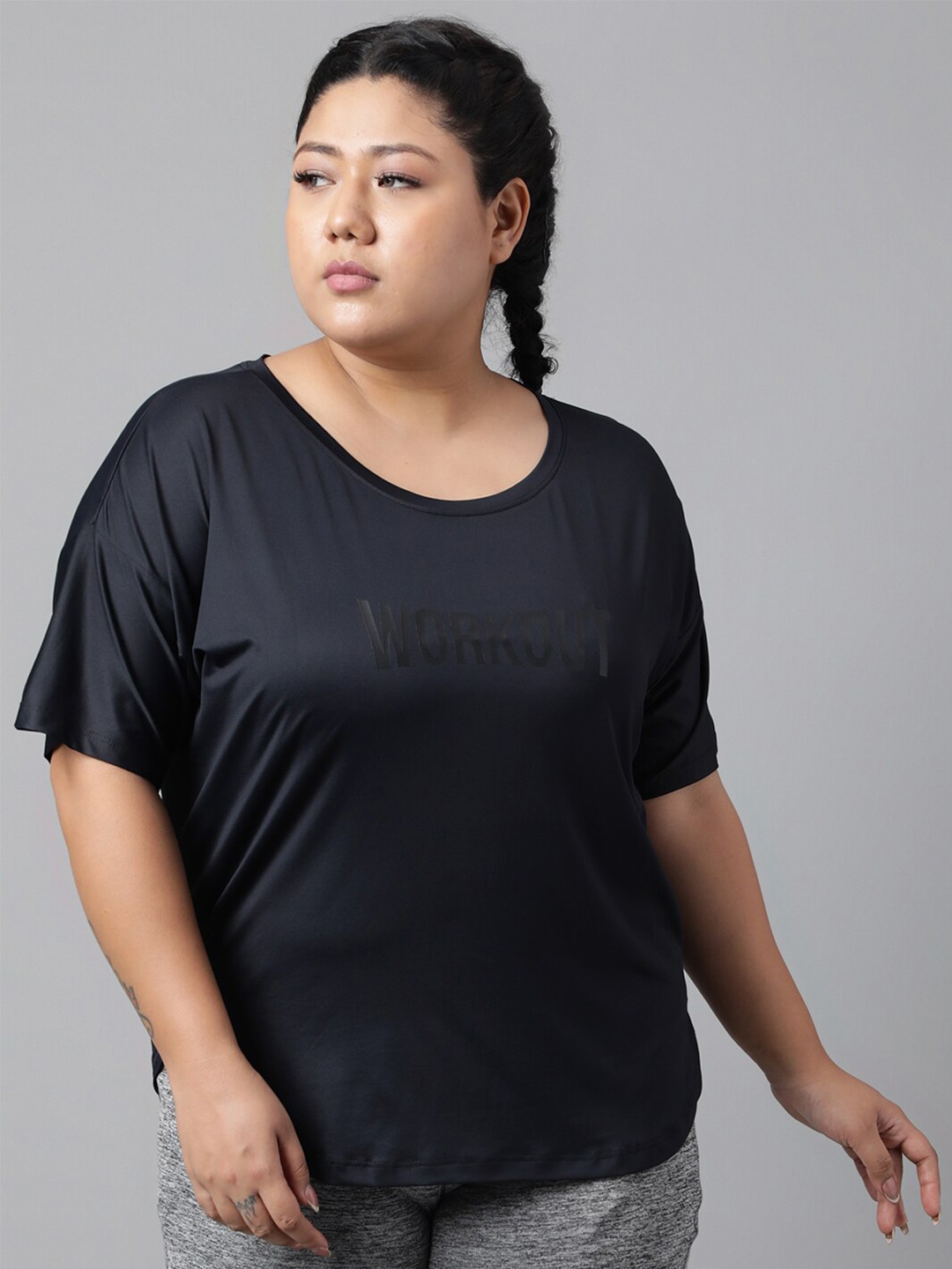 

MKH Plus Size Drop Shoulder Sleeves Relaxed Fit Dri-FIT Sports T-shirt, Black