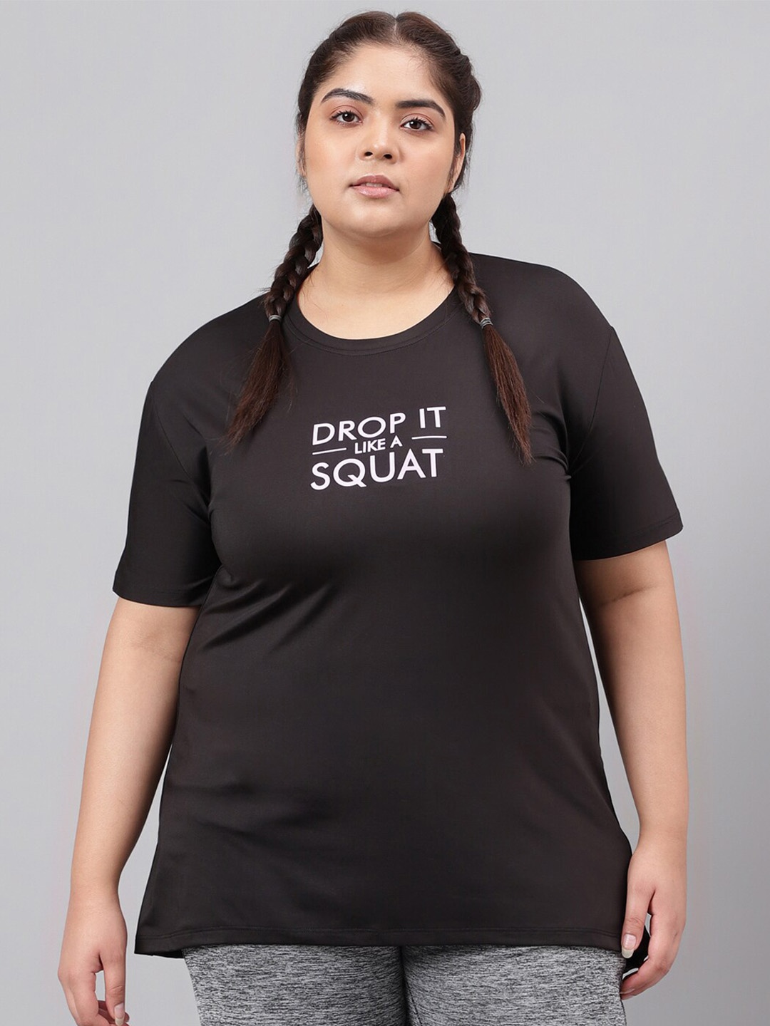 MKH Plus Size Typography Printed Relaxed Fit Dri-FIT T-shirt, Black