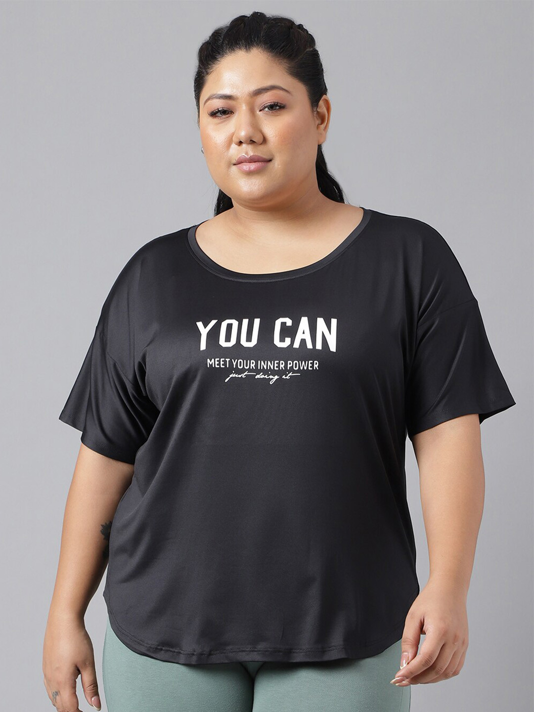 

MKH Plus Size Relaxed Fit Typography Printed Drop Shoulder Sleeves Dri-Fit Sports T-shirt, Black