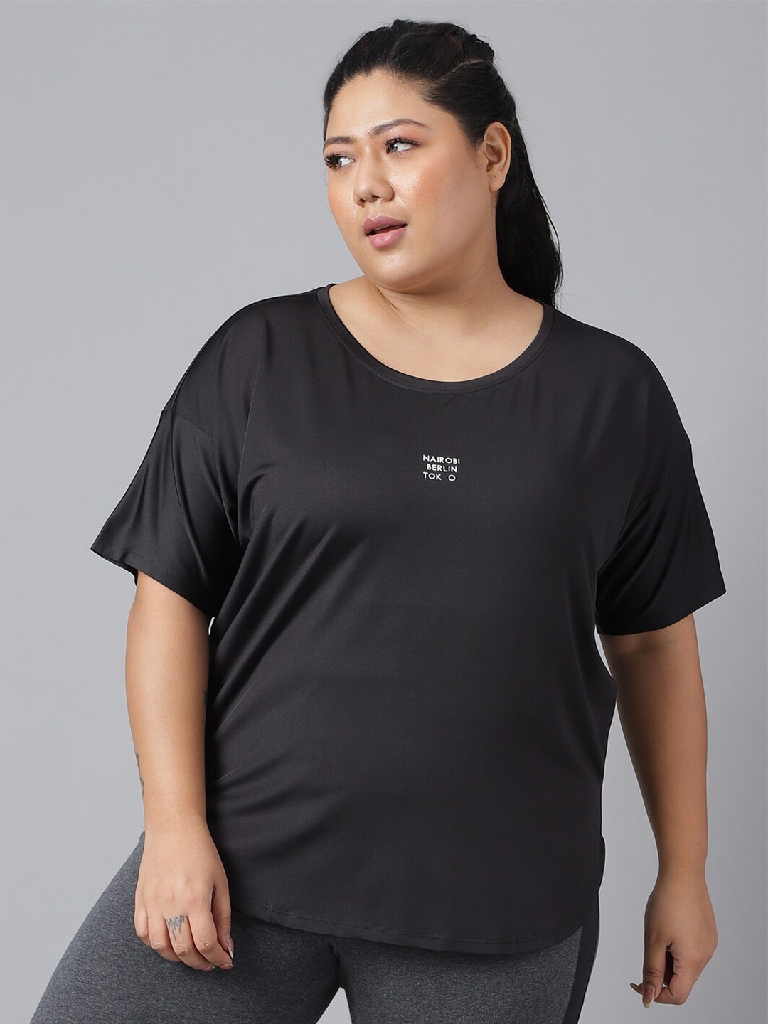 

MKH Plus Size Typography Printed Dri-FIT Relaxed Fit Drop-Shoulder Sleeves Gym T-shirt, Black