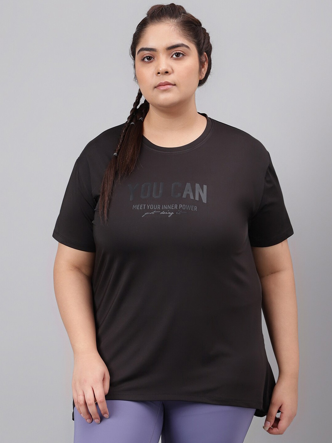

MKH Plus Size Typography Printed Drop Shoulder Sleeves Relaxed Fit Dri-FIT Sports T-Shirt, Black
