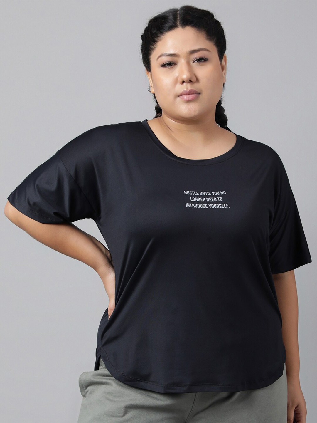 

MKH Plus Size Typography Printed Dri-FIT Relaxed Fit Drop-Shoulder Sleeves Sports T-shirt, Black
